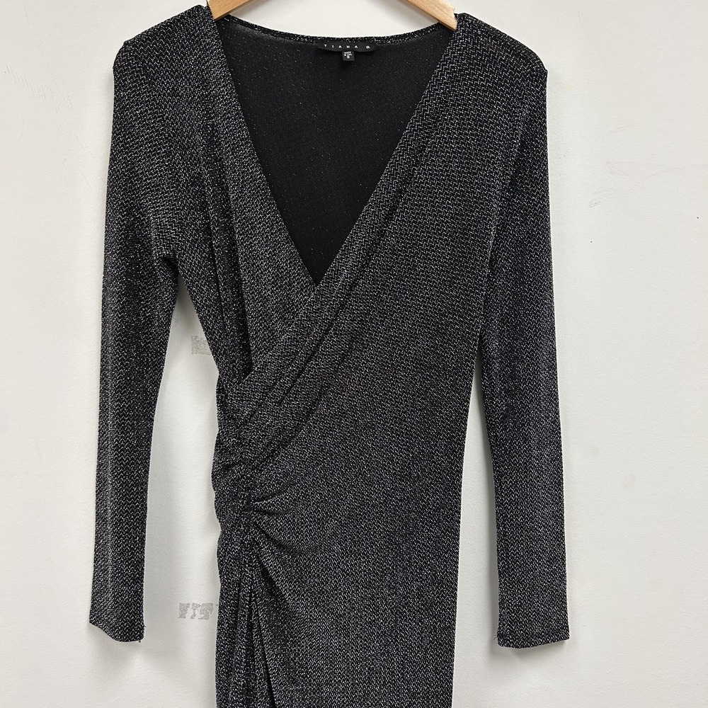 Y2K Tiana B. Dress Womens S Black Long Sleeve V-Neck Ruched Wrap Maxi Glitter